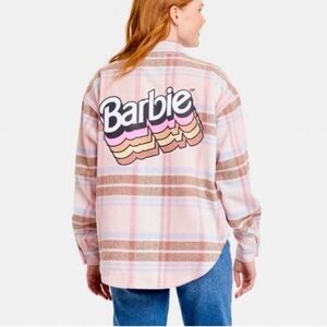 Barbie Pink Plaid Oversize Barbie Logo Shacket Womens Size Large